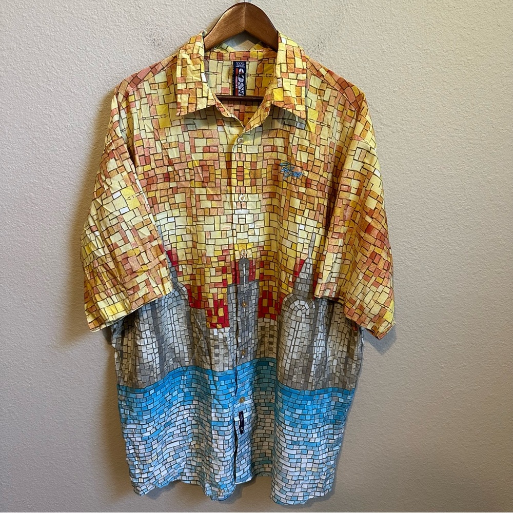 Willie Esco Men’s Y2K Stained Glass Skyscrapers Patterned Button Up Shirt